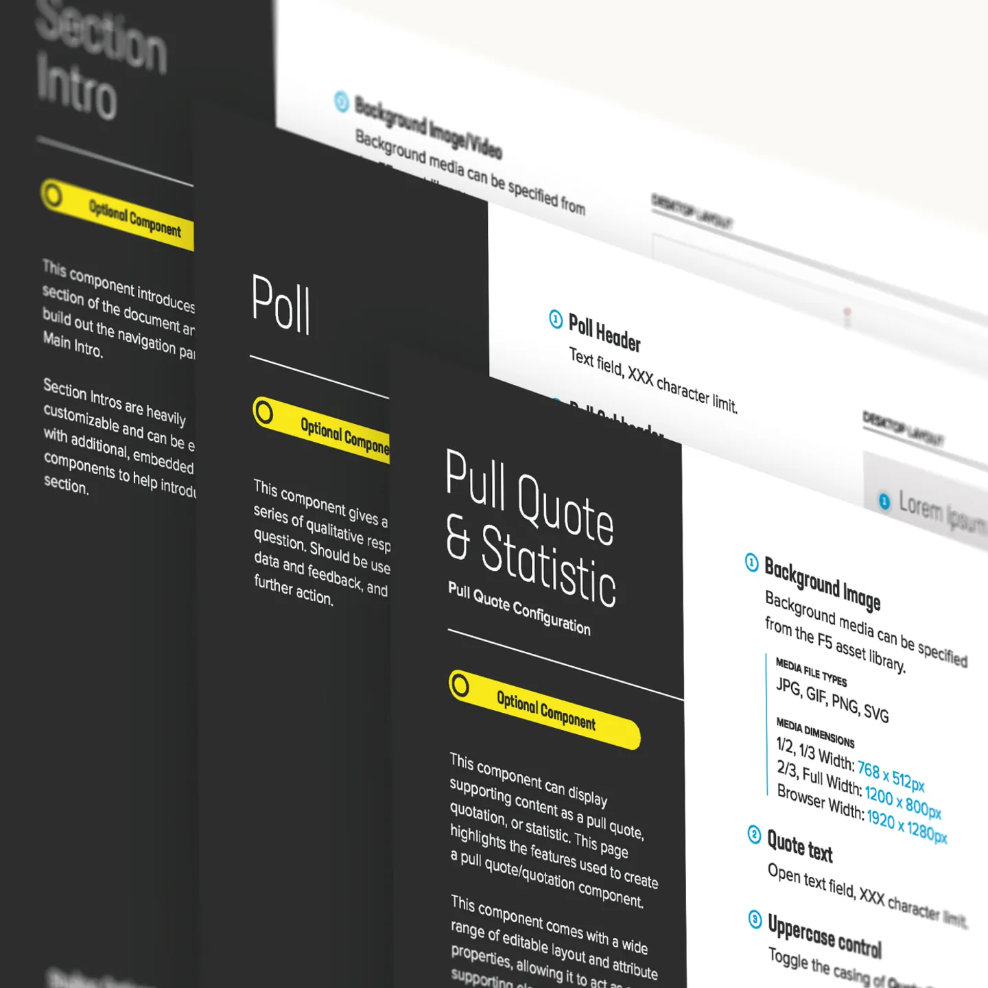 Composite image of three screens showing design documentation within the component guide