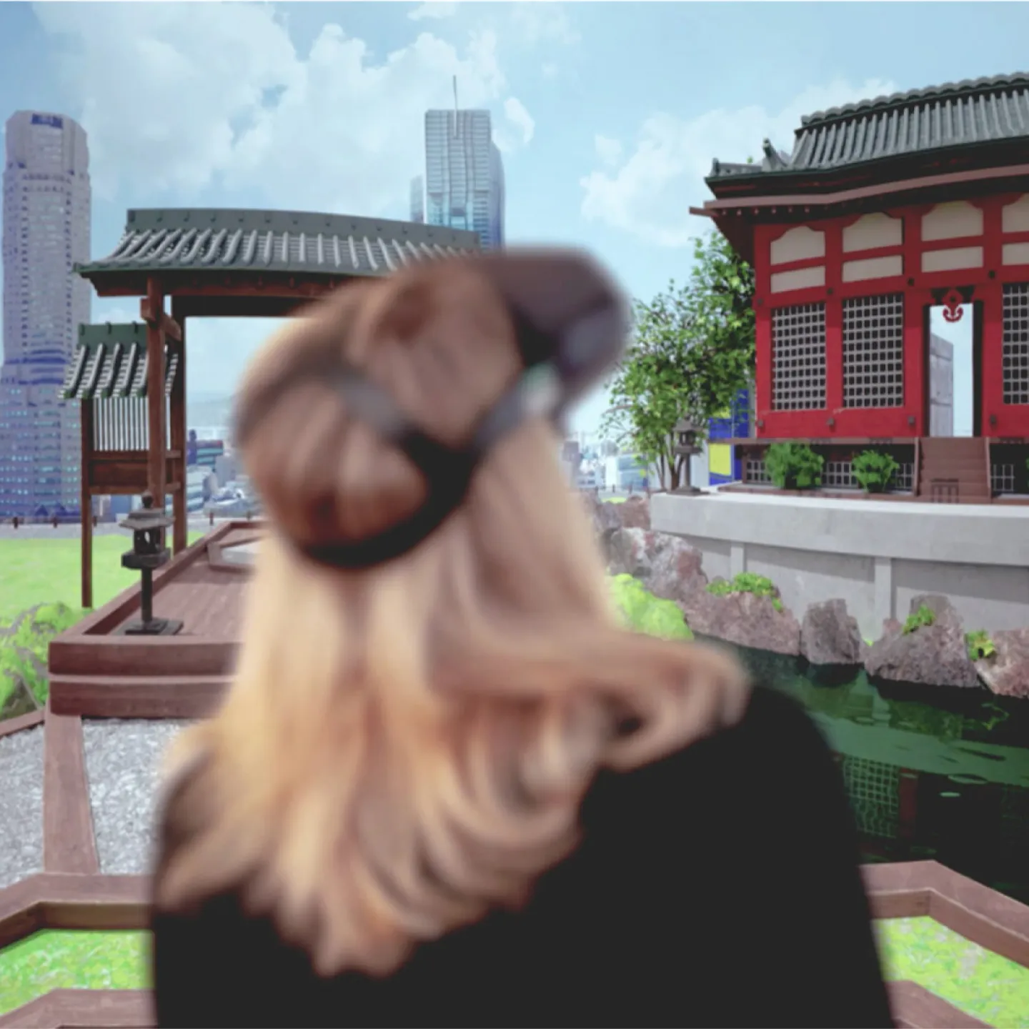 Composite photo of a woman wearing a VR headset looking around the app environment