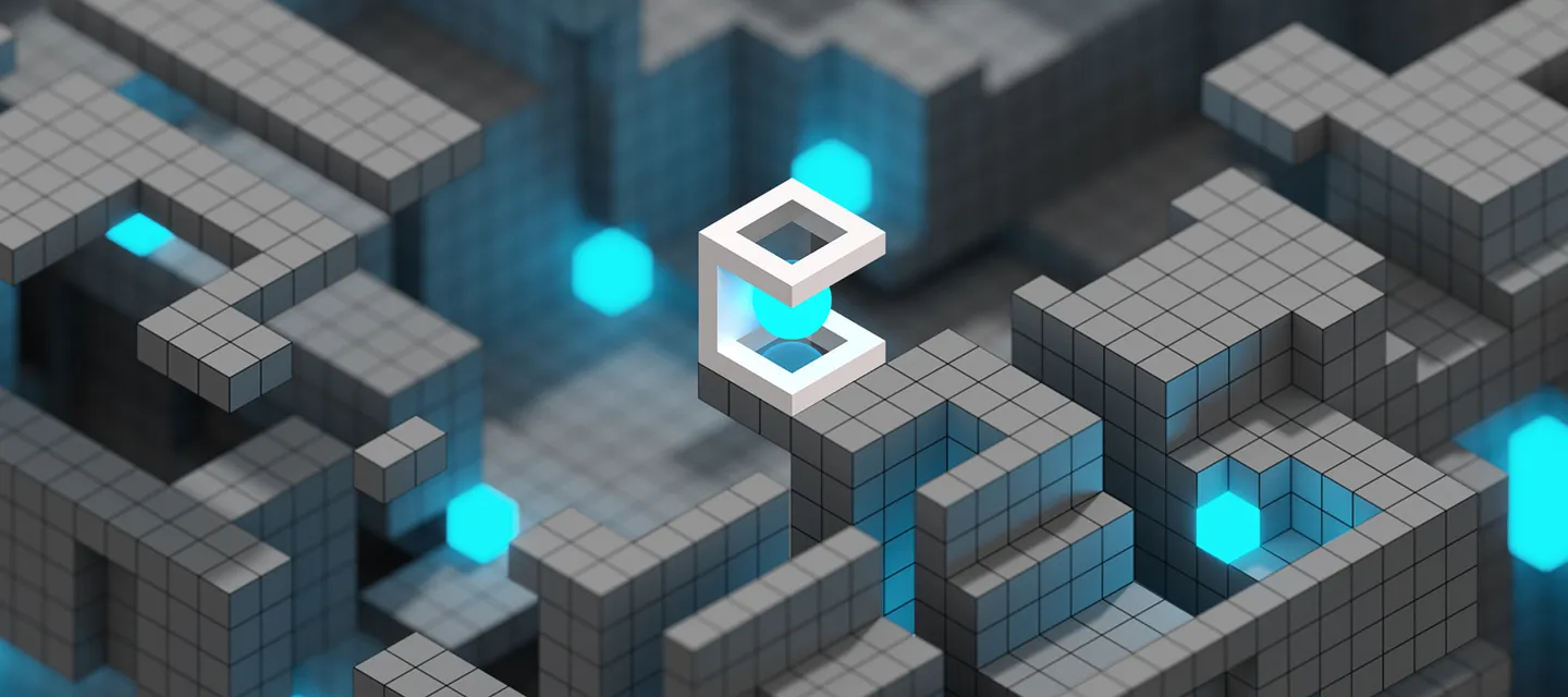 Dev Collective logo within a gray isometric environment