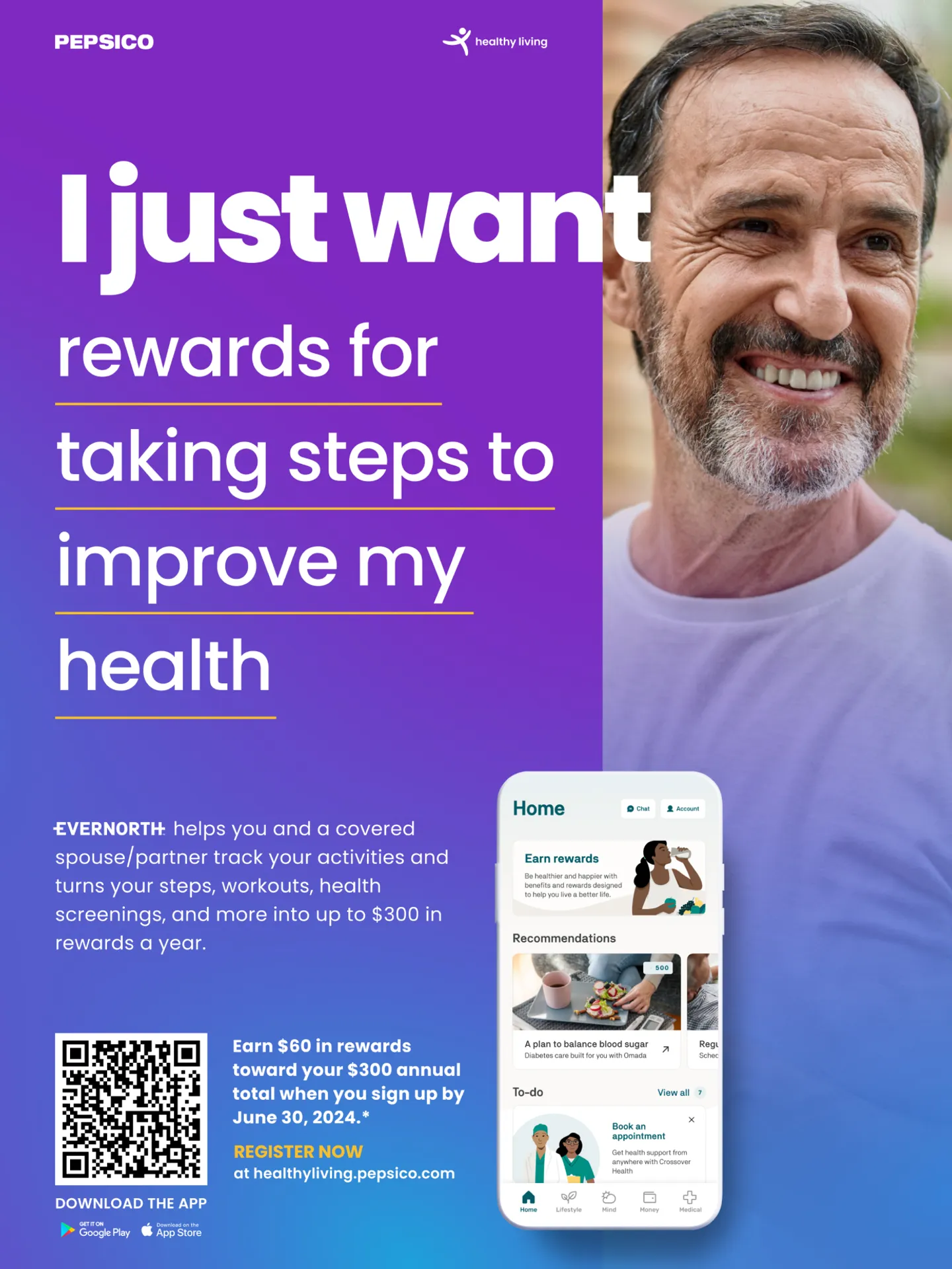 Image of a sample print document. The main copy reads: "I just want rewards for taking steps to improve my health".